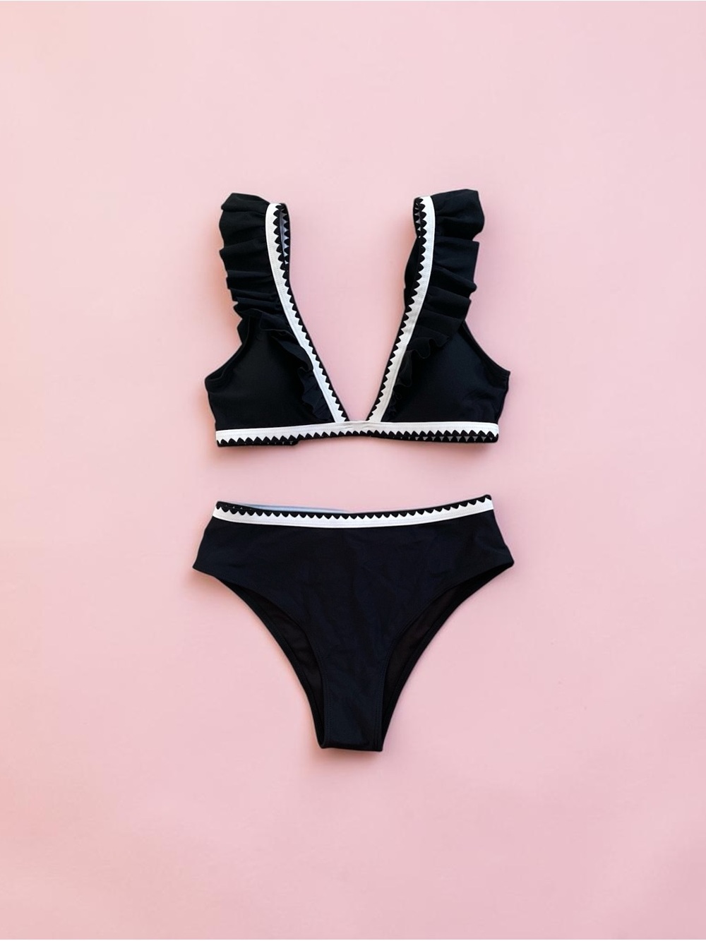 Pink Lily Black and White Ruffle Trim Bikini